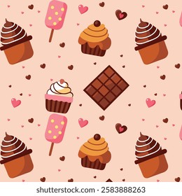 Playful Assorted Desserts and Heart Shapes Seamless Pattern on Pink Background