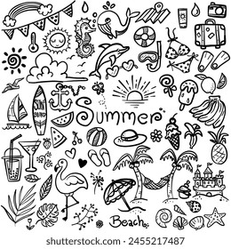 A playful assortment of hand drawn summer themed icons in a minimalistic style perfect for visual designs and creative projects related to sunny seasons beach holidays and outdoor fun