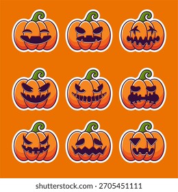 Un divertido surtido de calabazas delineadas en blanco, cada una con una expresión tallada única. Perfecto para alegres imágenes de Halloween, pegatinas, decoraciones de temporada e ilustraciones digitales festivas.