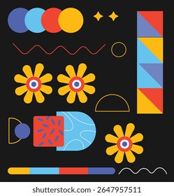 Playful assortment of vibrant geometric shapes, abstract elements, and stylized flowers on a dark background.