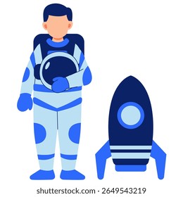 A playful astronaut character with a friendly smile stands next to a rocket, symbolizing imagination, curiosity, and the excitement of space missions.