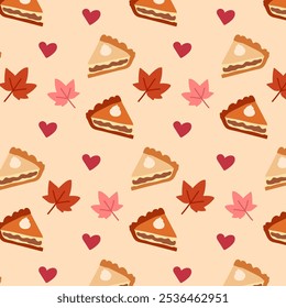 Playful autumn pattern features adorable pumpkin pie slices, hearts, and colorful fall leaves on a soft beige background. 