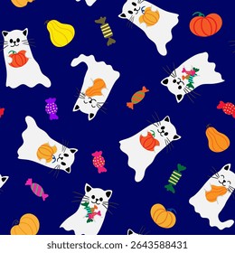 playful autumn repeating seamless print adorable cat ghosts treats colorful pumpkins candies sweets october party themes