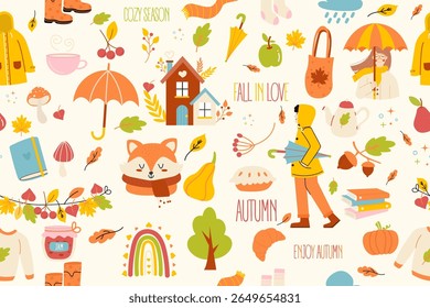 Playful Autumn seamless pattern happy fall 