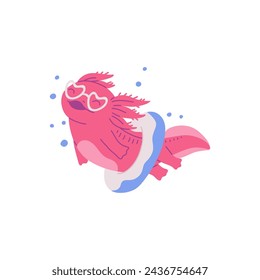 A playful axolotl wearing heart-shaped glasses and a lifesaver, vector illustration with a whimsical touch for summer aquatic themes.