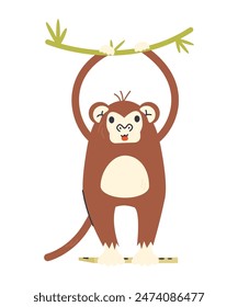 Juguetón bebé mono personaje colgando de la vid. Mono divirtiéndose en la selva tropical y sosteniendo la flauta con patas traseras. Afiche infantil con un lindo campeón. Personaje animal de guardería dibujado a mano Ilustración vectorial plana