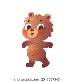 Playful baby bear character. Cute little bear cub from forest, colorful cartoon for kids. Standing and greeting woodland animal illustration for children. Vector animals character isolated clip art.