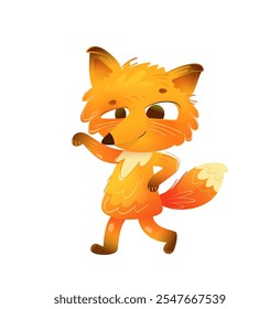 Playful baby fox woodland character. Cute little fox from forest, colorful cartoon for kids. Woodland animal illustration for children. Vector animals character isolated clip art.