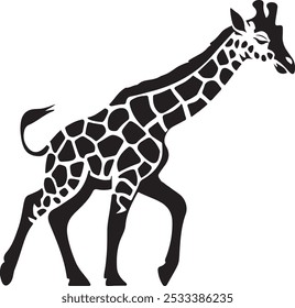 Playful Baby Giraffe Silhouette with Arched Neck on White Background for Safari-Themed Designs, Symbol giraffe icons in flat black color isolated on white background