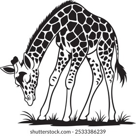 Playful Baby Giraffe Silhouette with Arched Neck on White Background for Safari-Themed Designs, Symbol giraffe icons in flat black color isolated on white background