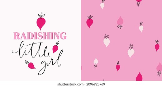 Playful baby girl clothing design with wordplay phrase and coordinating seamless pattern for textile. Vector graphic with economy two-way clothing print.