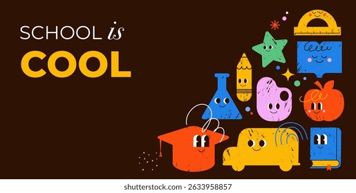 Playful Back to School design featuring funny cartoon characters of school supplies with eyes. Hand drawn vector icons set on blackboard background