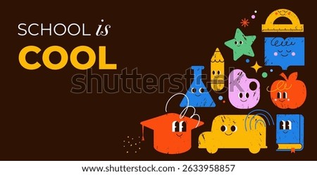 Playful Back to School design featuring funny cartoon characters of school supplies with eyes. Hand drawn vector icons set on blackboard background
