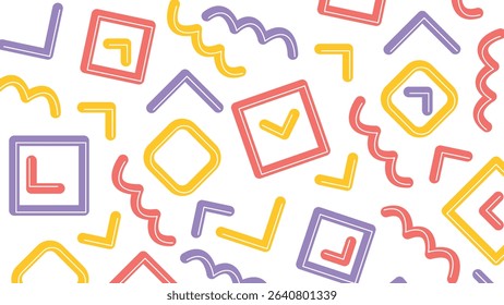 Playful background with check marks, arrows, and quirky shapes in purple, yellow, and red tones. A lively and dynamic composition for creative use.