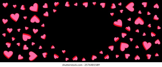 Playful background with copy space featuring layered pink and red hearts scattered on a black backdrop. Ideal for holiday-themed designs, banners, greeting cards, romantic posters