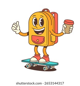 Playful backpack mascot rides a skateboard while holding a coffee cup and giving a cheerful thumbs up, radiating energy and modern street style. Great for youthful designs. vector illustration