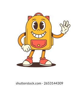 Playful backpack mascot waves with one hand, smiling brightly in a warm, open pose. Ideal for welcoming scenes, educational branding, or cheerful character content. vector illustration