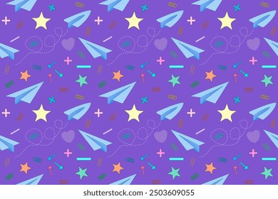 A playful back-to-school vector pattern featuring paper airplanes, stars, and paperclips on a vibrant purple background. Perfect for educational and creative designs.