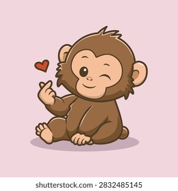 Playful Barbary macaque monkey winking and making a cute finger heart gesture.