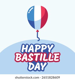 Playful Bastille Day illustration featuring a floating balloon in blue, white, red stripes and bold hand-drawn text. Ideal for party or event visuals.