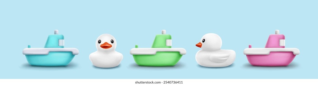 Playful bath time toys collection. Realistic 3d vector set of rubber or plastic white duck front and side view, and pastel colored boats on light blue background. Children bathroom design elements.