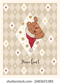 Urso brincalhão Ajustando Santa Hat Natal Cartão de Saudação Vetor Ilustração