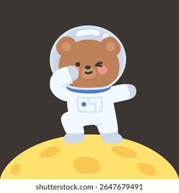 Playful Bear Astronaut in Heroic Point Pose Standing on Moon Vector Illustration
