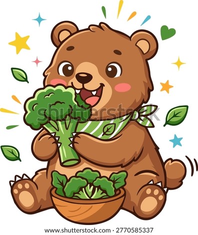 Playful bear enjoying fresh broccoli and vegetables in nature colorful art illustrating cheerful healthcare concept for wellness