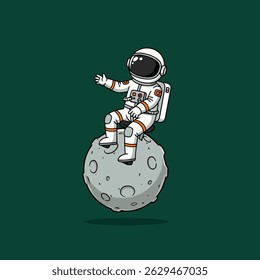  Playful bearded astronaut in full gear sitting on moon dust, admiring a colorful satellite with joy.