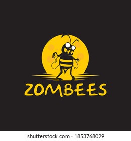 playful bee insect zombie cartoon mascot under the moon vector illustration