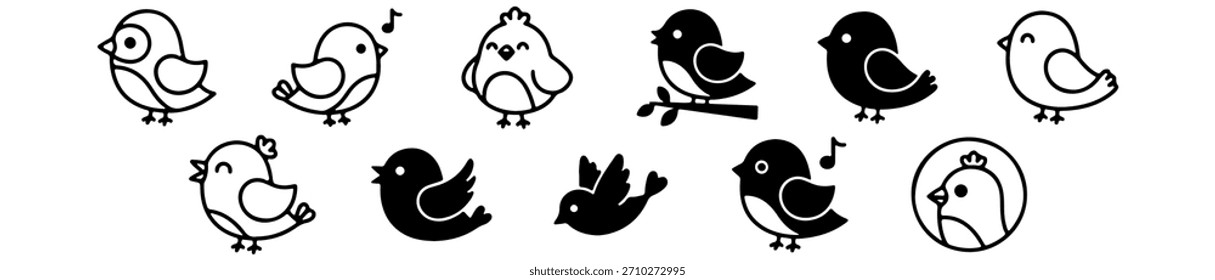 A playful bird icon set with varied poses, accessories, and expressions. Great for nature, character, or decorative design.