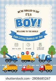 Playful birth announcement card featuring construction vehicles like cranes and dump trucks on a blue gingham background. Includes placeholders for birth date, time, and weight.