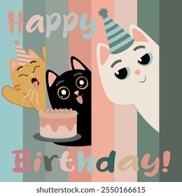 Playful Birthday Cats with Party Hats, Cake, and Pastel Background Design ideal for creating birthday greeting cards, digital invitations, social media posts, or party banners