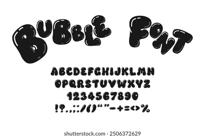 Playful Black bubble set of letters and numbers from 0 to 9. Y2K trendy style. 3D, bubble gum, balloon font. Graffiti. Plump digits and letters, punctuation marks. Childish game, milestones, postcards