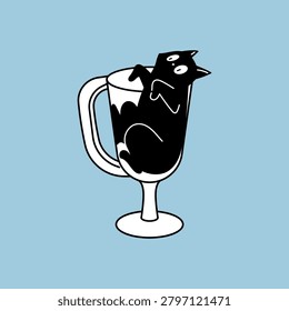 Playful black cat hiding inside a large glass mug of coffee or glögi
