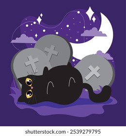 Playful black cat lying by gravestones under full moon in spooky Halloween scene, Vector illustration