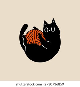 Gato negro juguetón que miente en la espalda con la bola del hilo