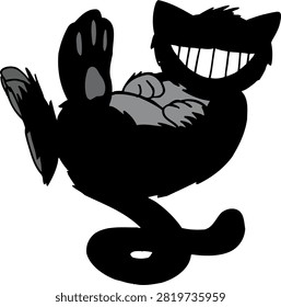 Playful black cat lying on its back with a wide toothy grin, funny cartoon feline vector illustration isolated on white background.