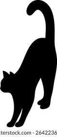 Playful black cat silhouette with an arched back and tail up, in a stretching or playful stance. Ideal for whimsical pet designs, Halloween, or dynamic animal illustrations
