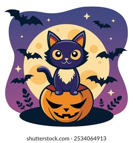 Playful Black Cat Sitting on a Carved Pumpkin Under a Full Moon with Bat