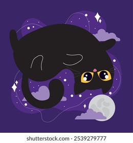 Brincalhão gato preto de cabeça para baixo flutuando perto da lua cheia com nuvens, ilustração Vetor