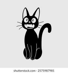 Playful black cat with vampire fangs in a bold black-and-white vector style. A quirky and spooky illustration, perfect for Halloween, gothic themes, mascots, stickers, and creative designs