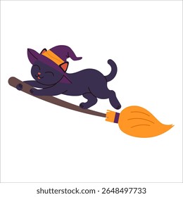 Playful black cat wearing a witch hat flying on a broomstick, perfect for Halloween-themed designs, greeting cards, decorations, and magical spooky illustrations.