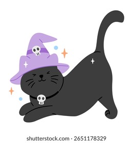 Playful black cat witch stretching, wearing a skull hat and collar. Cute Halloween illustration isolated on white