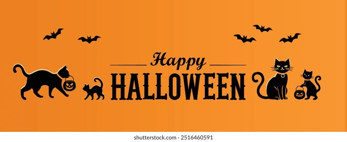 Playful black cats with pumpkin baskets and flying bats celebrate Halloween on a bright orange background,  content was created using vector drawing tools and software, not generated by AI