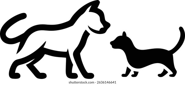 Playful black silhouette of a cat and dog interacting in a vector design