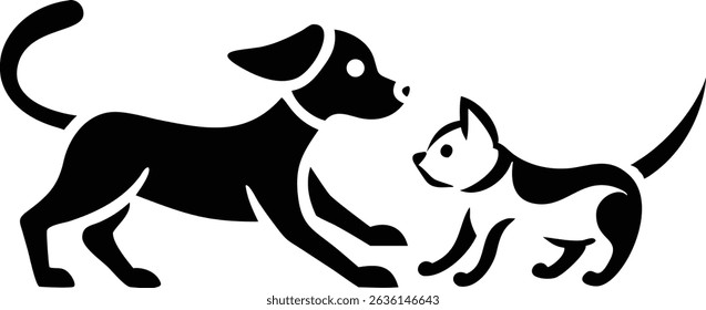 Playful black silhouette design of a cat and dog in interaction vector art