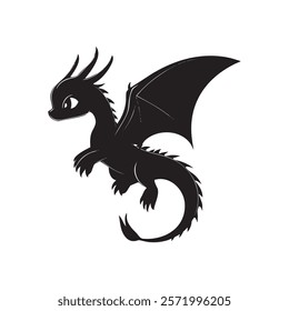 A playful black silhouette of a dragon in mid-flight, showcasing its wings and tail.