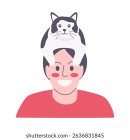 Playful Black and White Cat on Smiling Person's Head