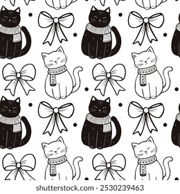 Playful black and white cats with scarves and bows on a festive background in creative design. Charming cats adorned with scarves and bows create a whimsical pattern full of holiday spirit.